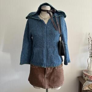Vintage blue mohair wool knit zip up hooded jacket